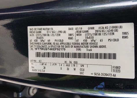 2019 Ford F-250 Lariat z USA, uszkodzony, nr VIN 1FT7W2BT4KEF92170